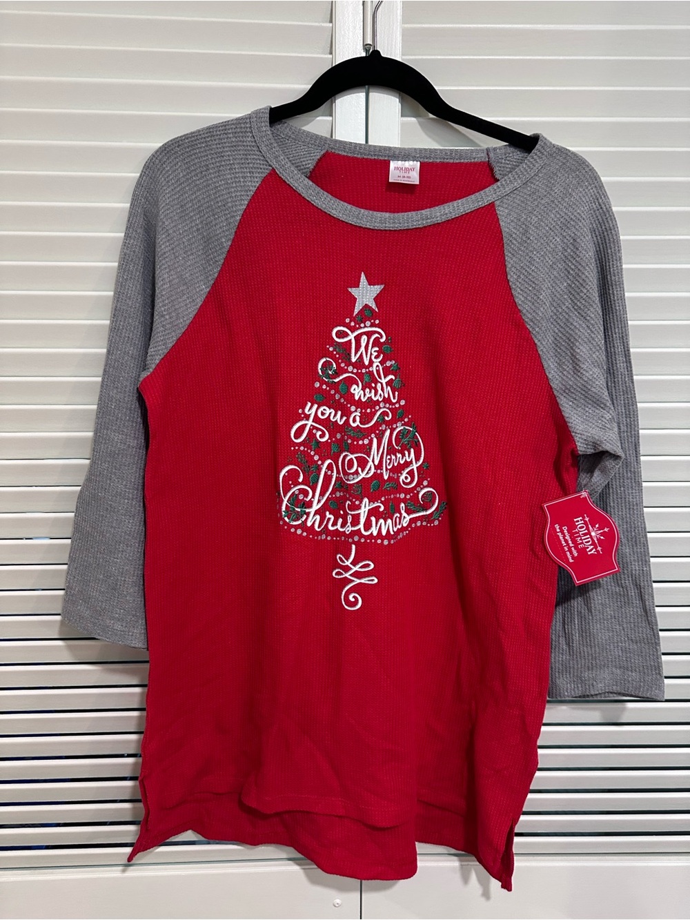Holiday Time Red & Gray Raglan Christmas Tree Tee